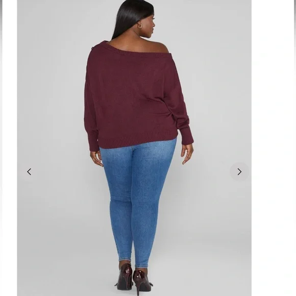 New Fashion to Figure Adrienne Off Shoulder Sweater button shoulder burgundy 0 - Picture 9 of 11